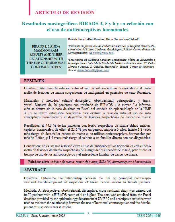Portada del artículo de revisión: Resultados mastográficos BIRADS 4, 5 y 6 y su relación con el uso de anticonceptivos hormonales 