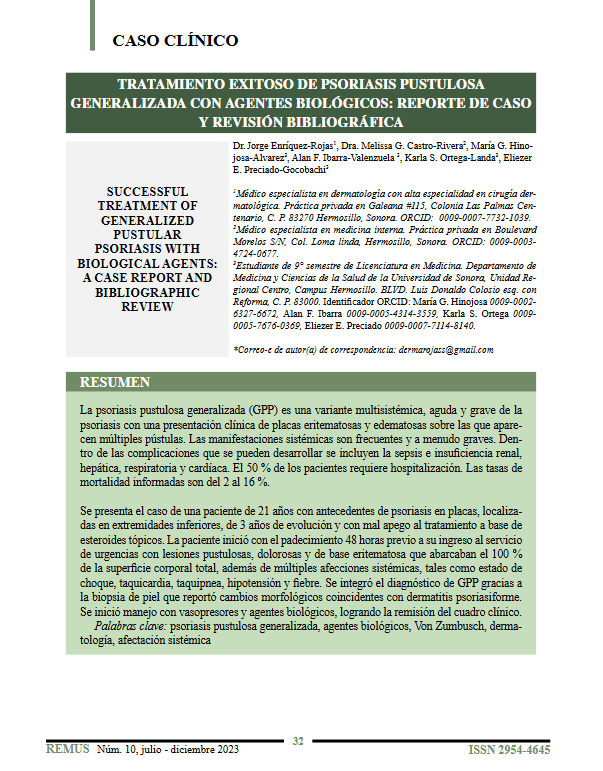 Portada del reporte de caso: Tratamiento exitoso de psoriasis pustulosa generalizada con agentes biológicos