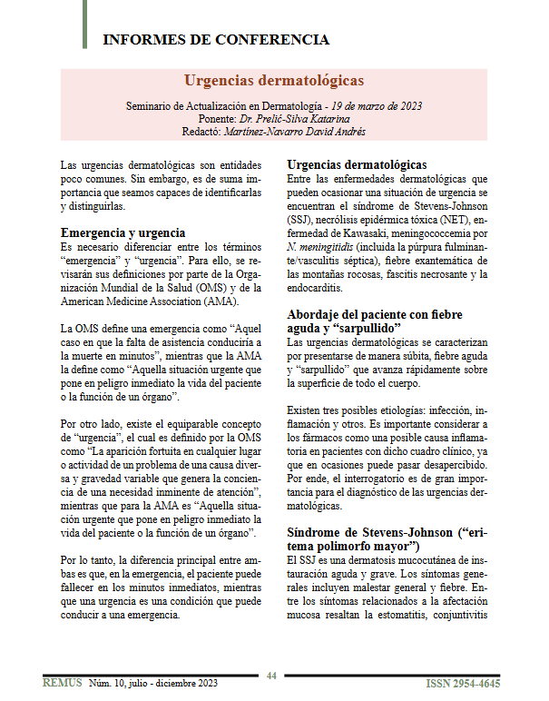 Portada del informe de conferencia: Urgencias dermatológicas
