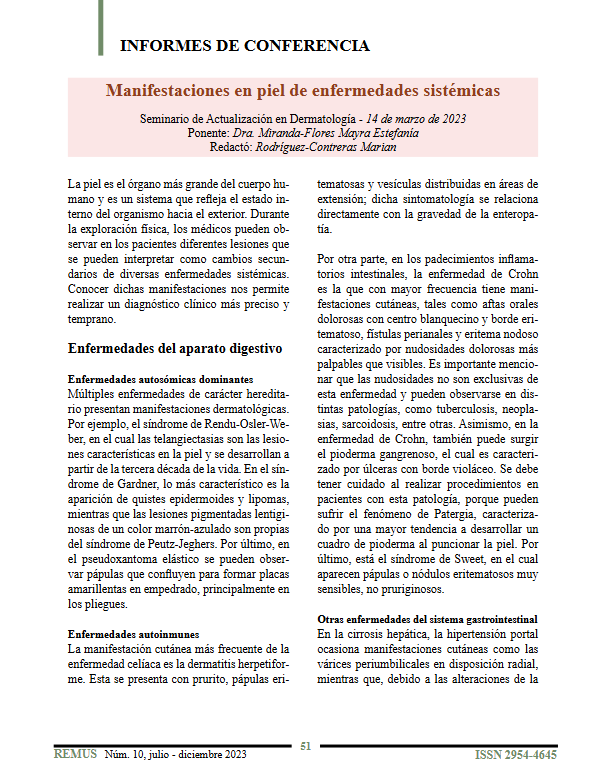 Portada del informe de conferencia: Manifestaciones en piel de enfermedades sistémicas