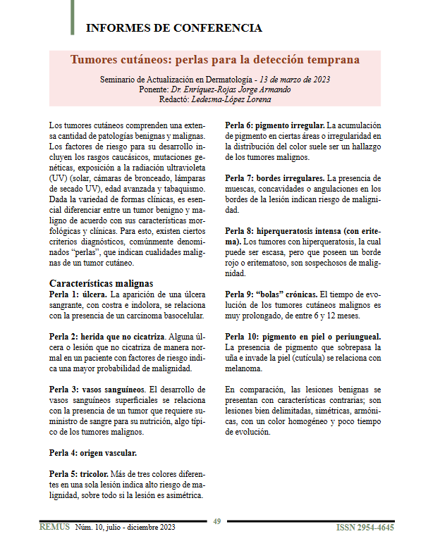 Portada del informe de conferencia: Tumores cutáneos - perlas para la detección temprana