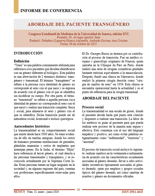 Primera página del informe de conferencia Abordaje del paciente transgénero