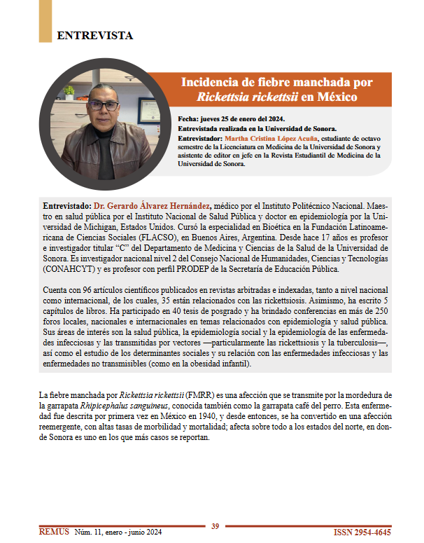 First page of the interview with Dr. Gerardo Álvarez Hernández on the incidence of spotted fever caused by Rickettsia rickettsii in Mexico